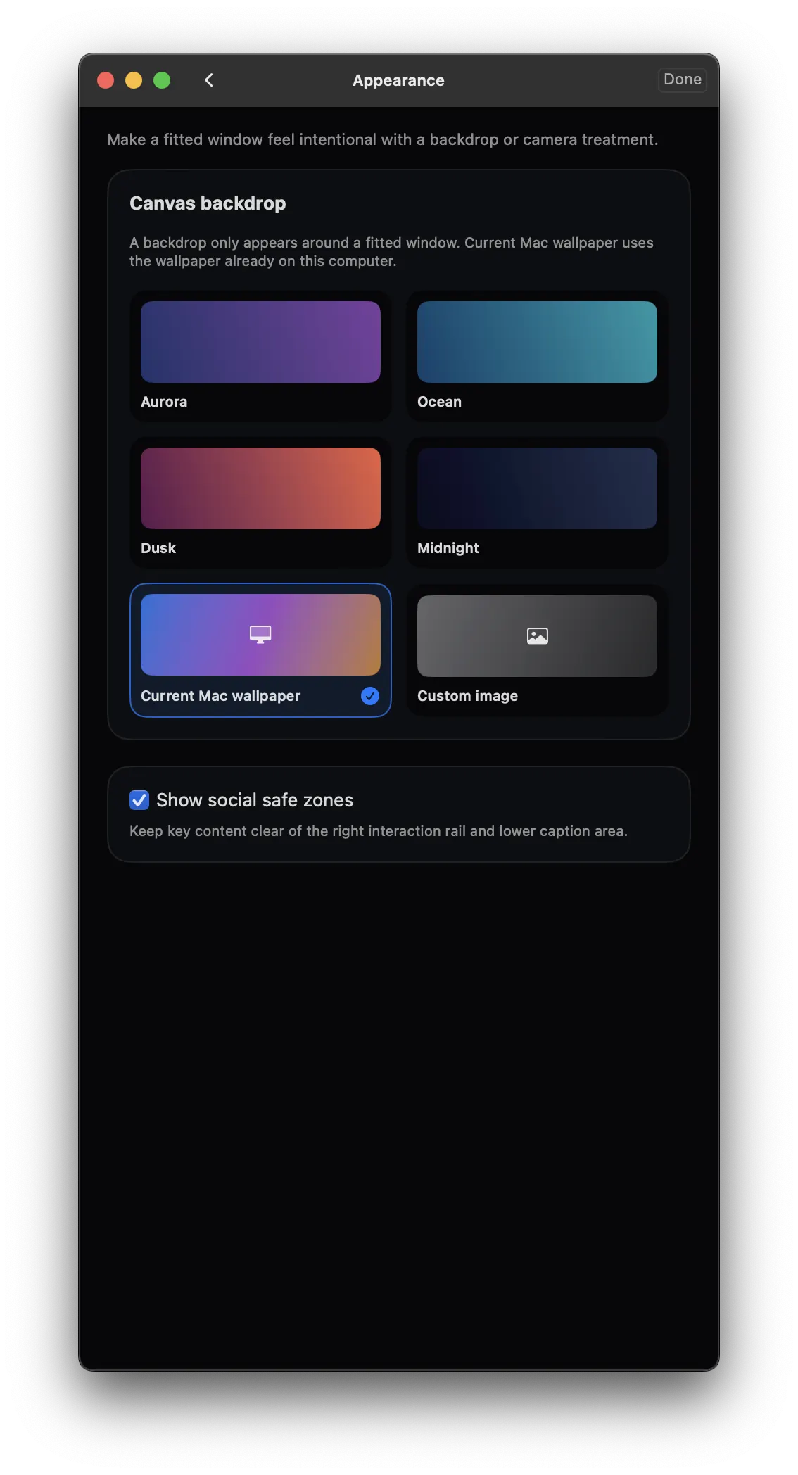 VERT customization panel with backdrop and social safe-zone options