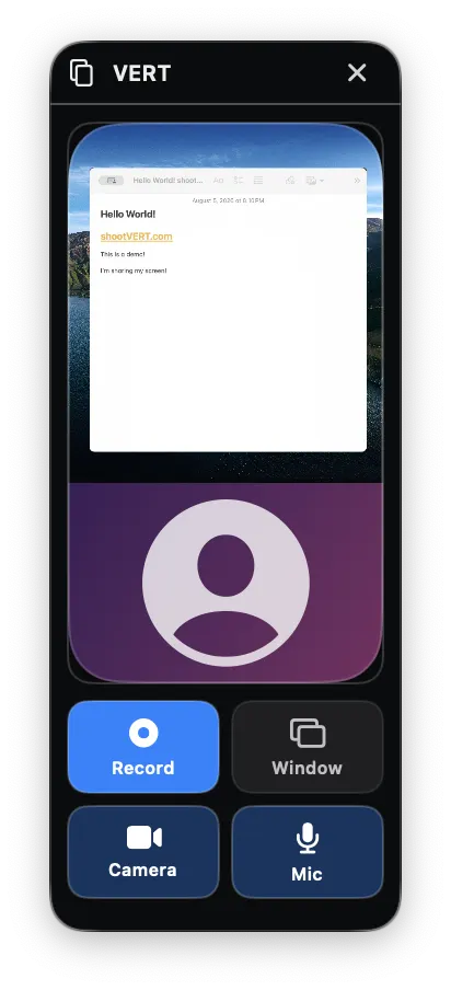 VERT floating recording controls with camera and microphone toggles