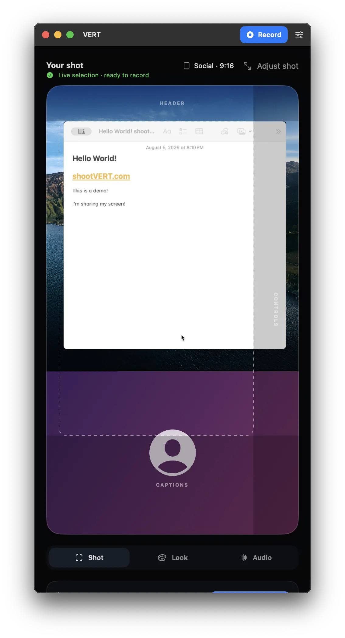 VERT recording preview with a vertical canvas showing a screen and face layout