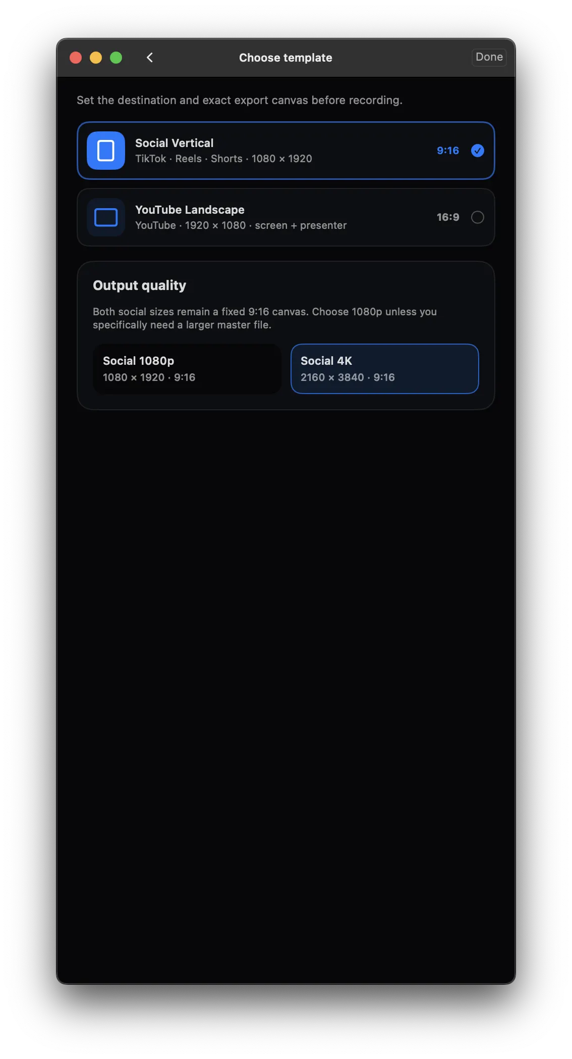 VERT video options for social and YouTube export formats